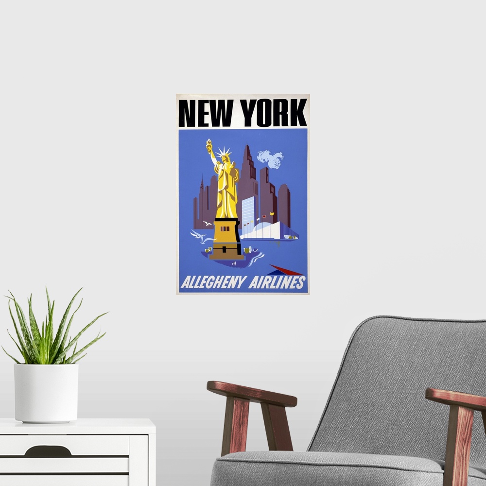 A modern room featuring Vintage travel poster for Allegheny Airlines of the Statue of Liberty and the New York City skyli...