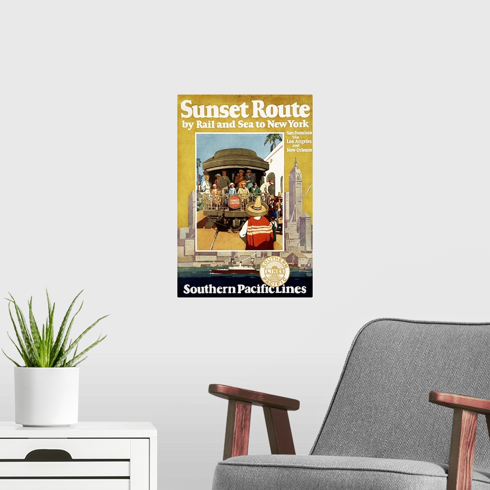 A modern room featuring Vintage travel poster for the Sunset route by rail and sea to New York Southern Pacific Lines, 1930