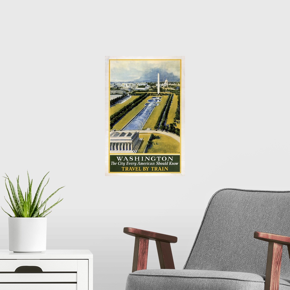 A modern room featuring Vintage Travel Poster For Washington DC, Travel By Train, 1930