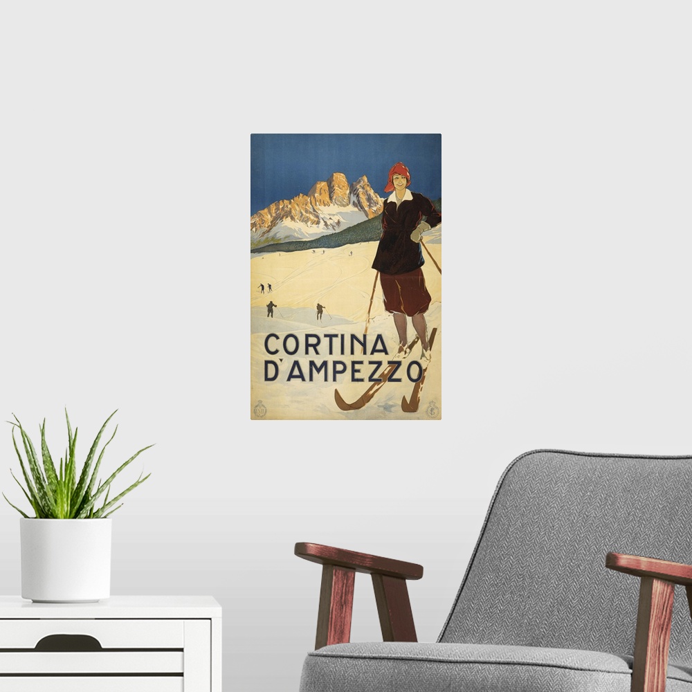 A modern room featuring Vintage Travel Poster Of A Woman Posed On Ski Slopes At Cortina d'Ampezzo, 1920