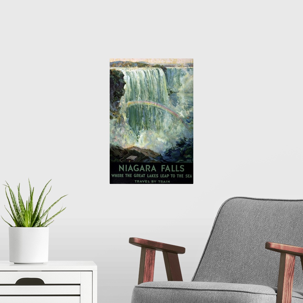 A modern room featuring Vintage Travel Poster Of Niagara Falls With A Rainbow In The Mist, 1925