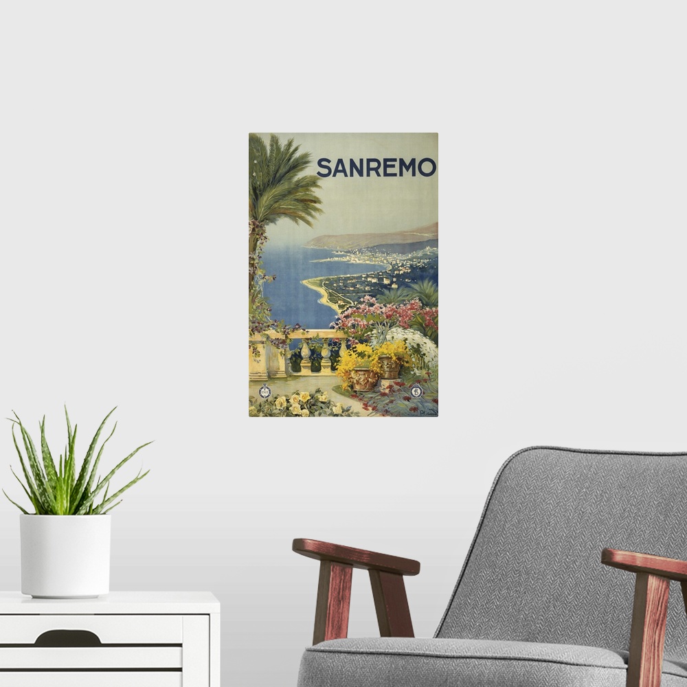 A modern room featuring Vintage Travel Poster Of The Coastline Of San Remo From A Terrace, 1920