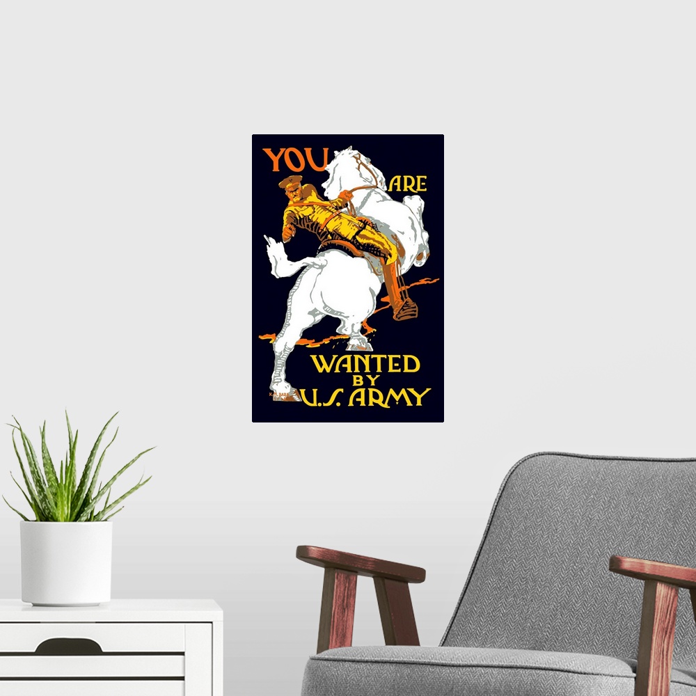 A modern room featuring Vintage World War I poster of a U.S. Army officer on horseback, pointing at the viewer. It reads,...