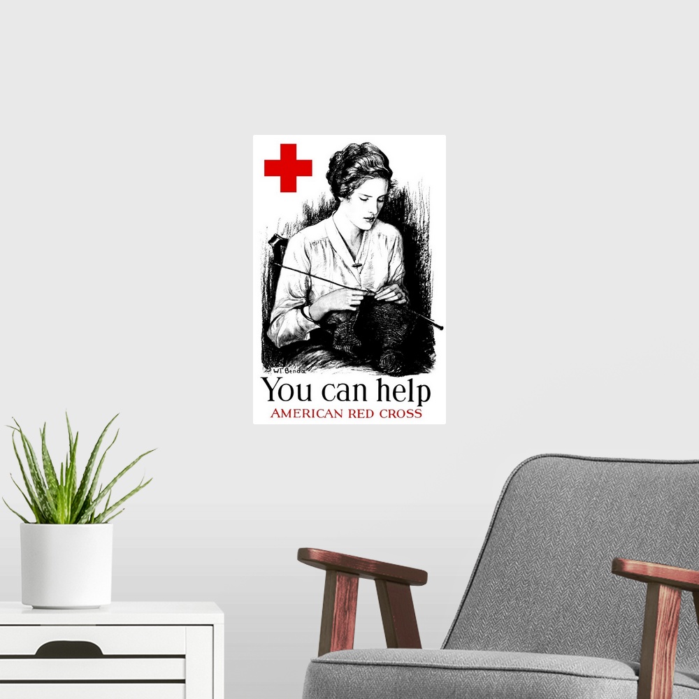 A modern room featuring Vintage World War One poster of a young woman knitting and a large red cross. It reads, You can h...