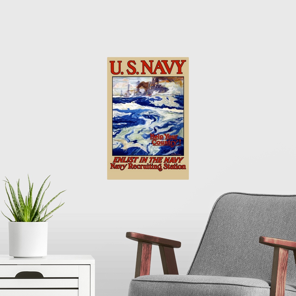 A modern room featuring Vintage World War I poster of battleships at sea. It reads, U.S. Navy, Help Your Country! Enlist ...