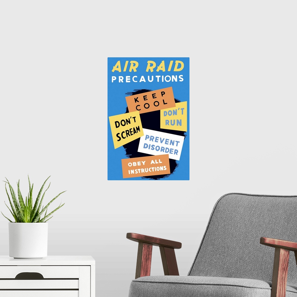 A modern room featuring Vintage World War II poster featuring a blue background and five different signs. It reads, Air R...