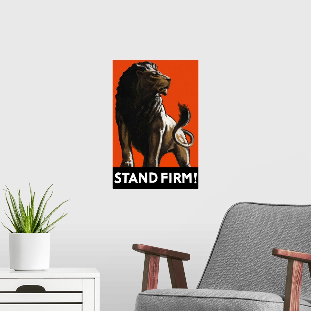 A modern room featuring Vintage World War II poster featuring a male lion.