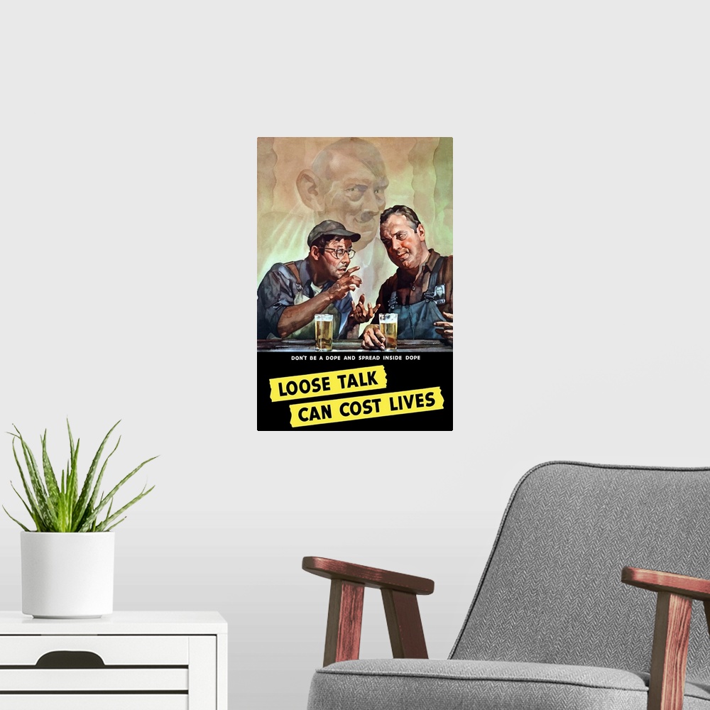 A modern room featuring Vintage World War II poster of two men talking, while having a beer, as Adolf Hitler eavesdrops i...