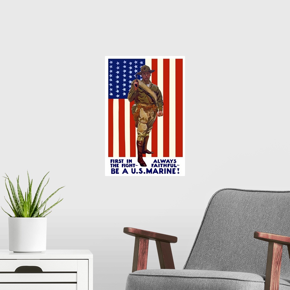 A modern room featuring Vintage World War One poster of a US Marine holding his sidearm, the American flag is the backgro...