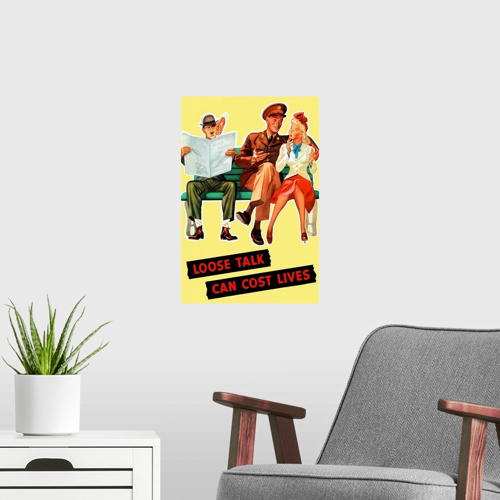 A modern room featuring Vintage World War II poster of a soldier talking to his girl on a bench, as Hitler eavesdrops whi...