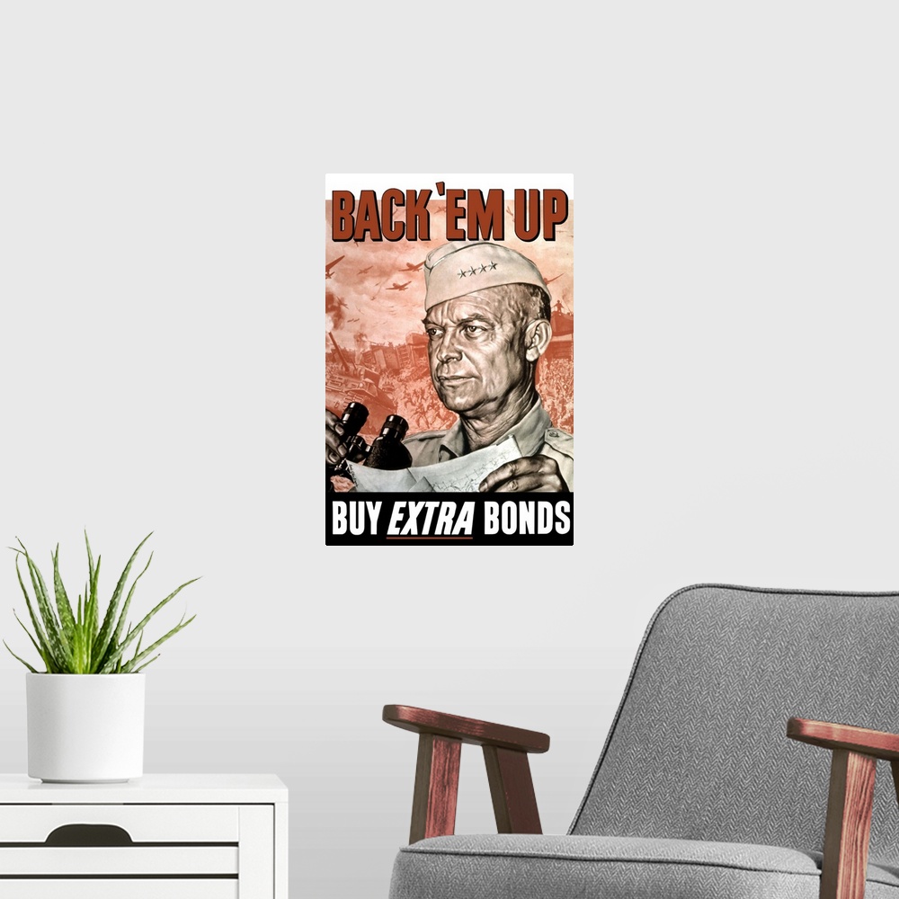 A modern room featuring Vintage World War II propaganda poster featuring General Dwight Eisenhower holding a map and bino...