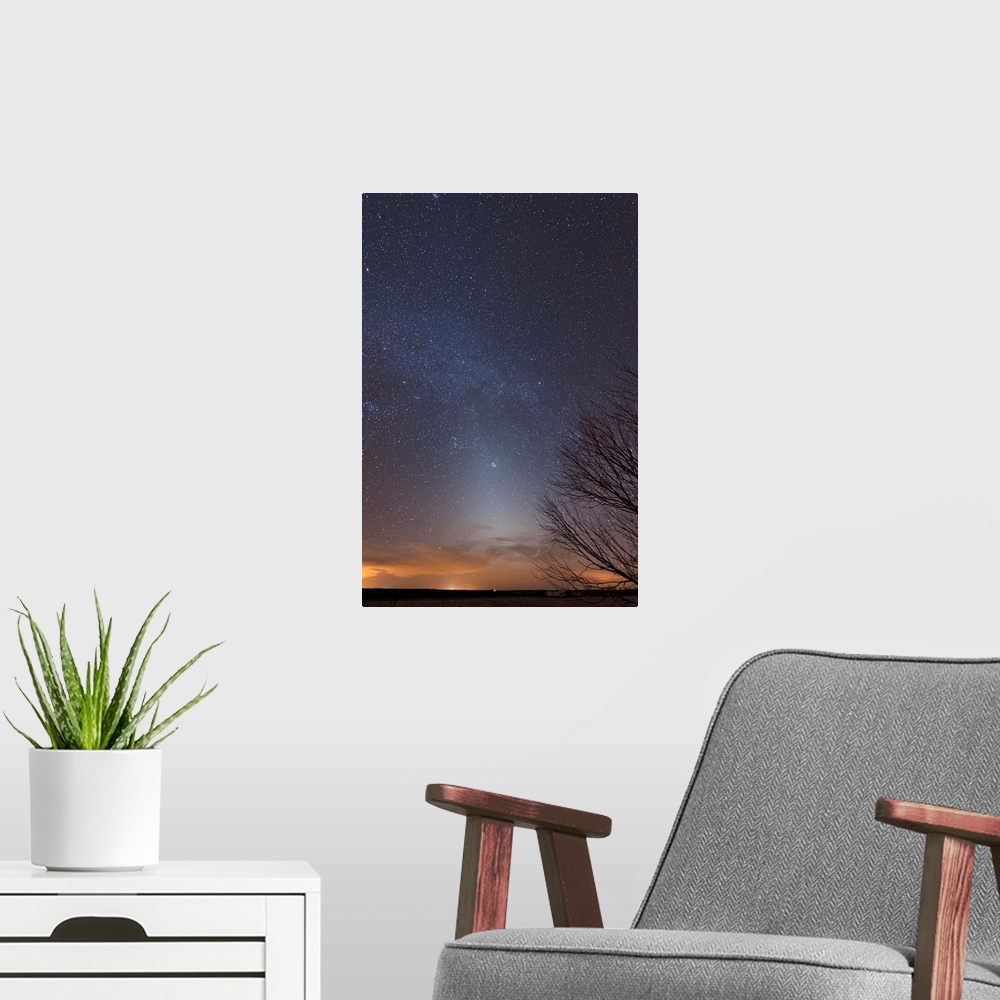 A modern room featuring The Winter Zodiacal Light crosses the Milky Way shortly after sunset, Crowell, Texas.