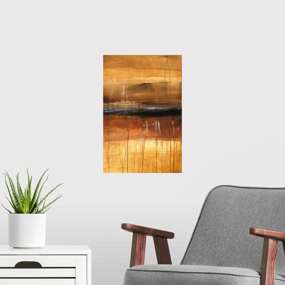 A modern room featuring Vertical, abstract painting for a living room or office of large, horizontal brushstrokes in tran...