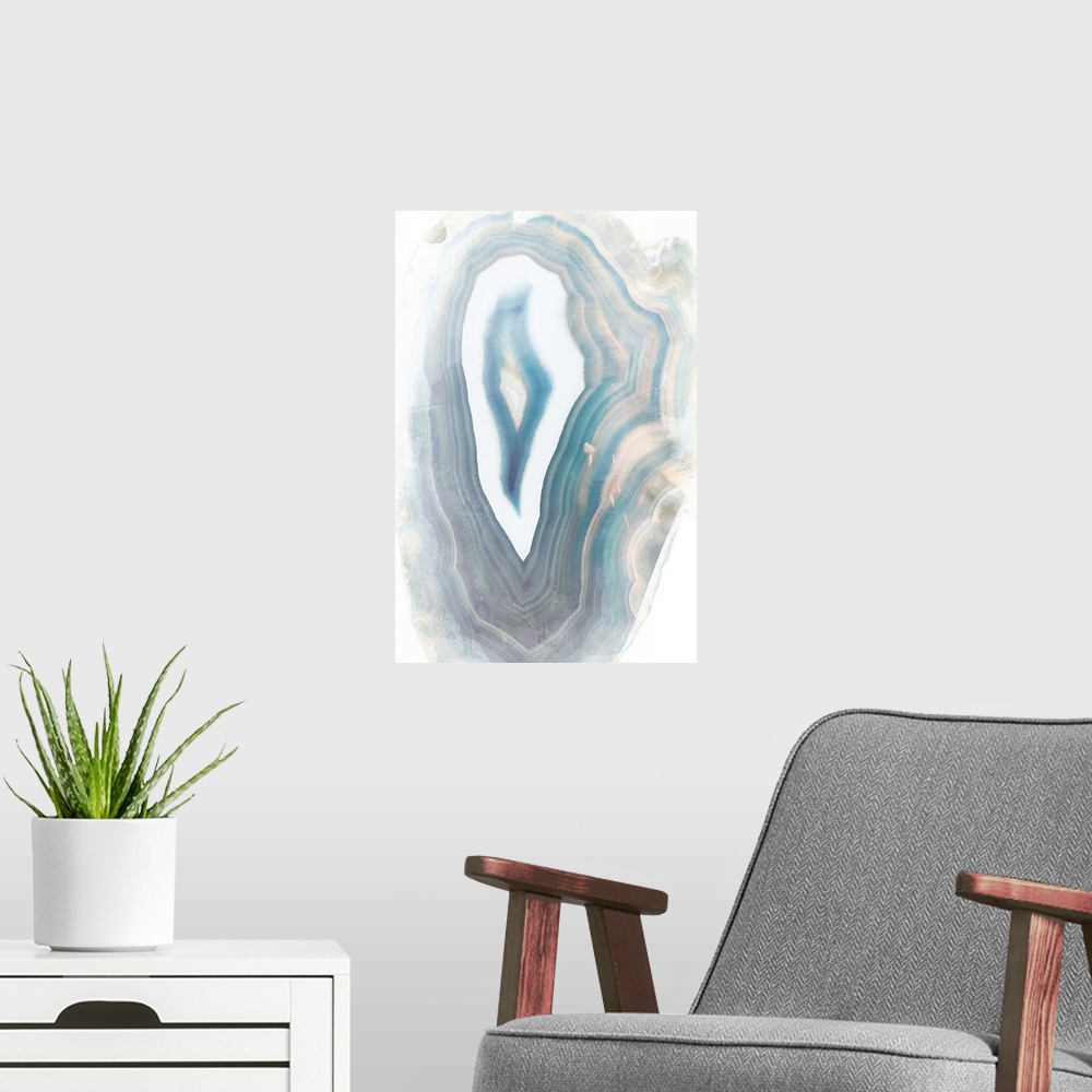 A modern room featuring Watercolor painting of a blue polished agate stone.