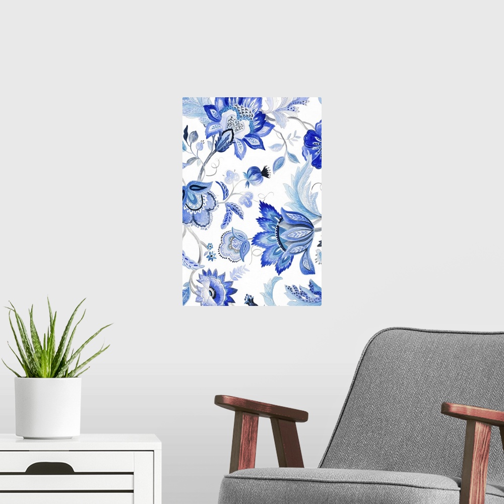 A modern room featuring Contemporary blue floral pattern against a white background.