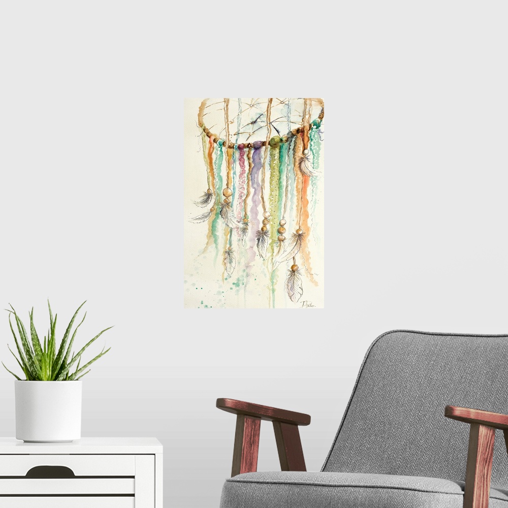 A modern room featuring Painting of a dream catcher with cords of varying color and feathers tied to the ends.