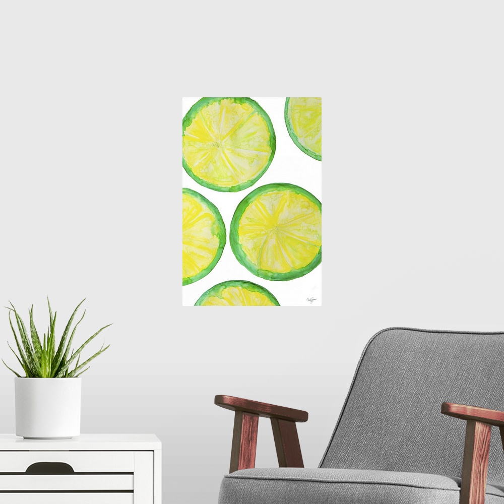 A modern room featuring Watercolor painting of several lime slices.