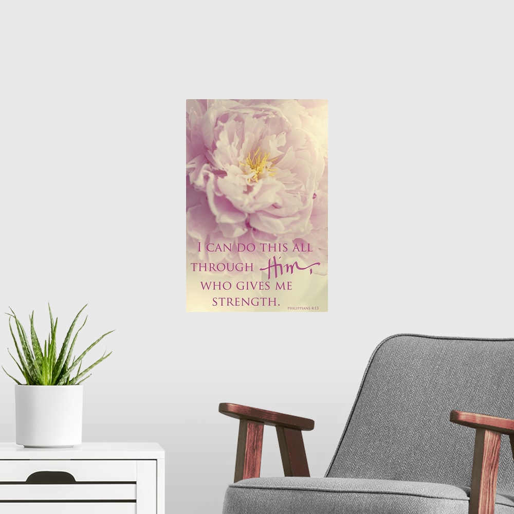 A modern room featuring Photograph of a pink flower with a yellow center and the bible verse "I can do all though Him, Wh...