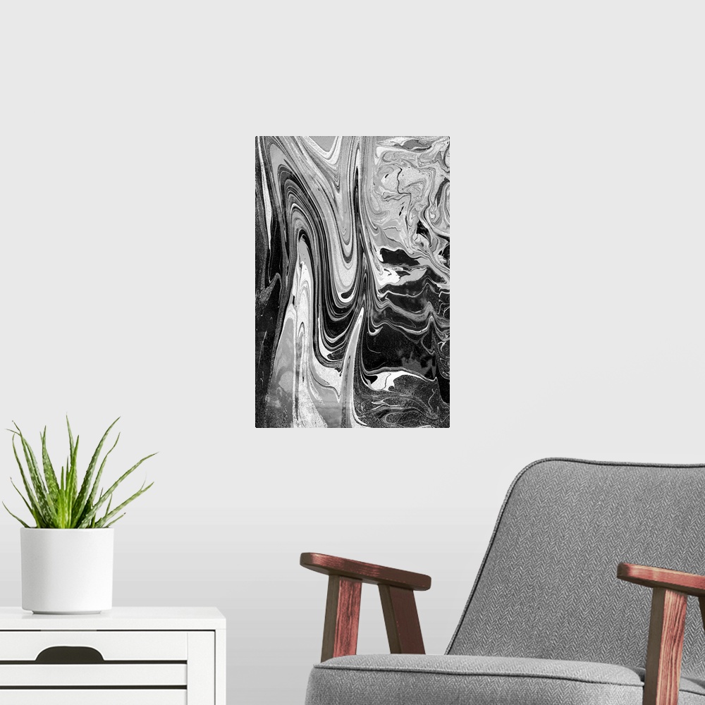 A modern room featuring Black and white marbled artwork.