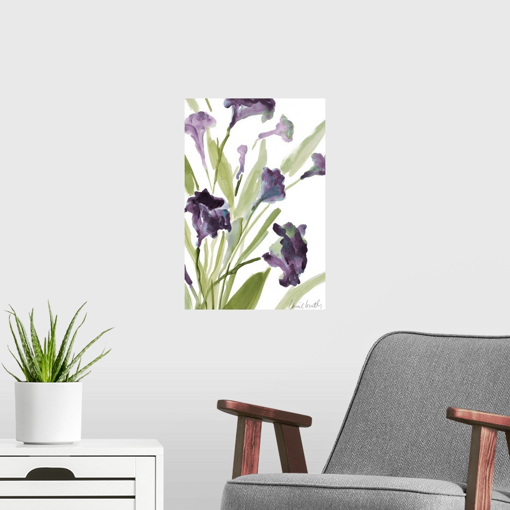 A modern room featuring Watercolor painting of purple flowers on green stems against a white background.