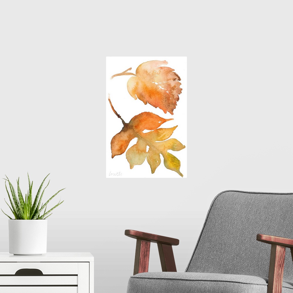 A modern room featuring Watercolor painting of two fallen leaves in autumn colors.