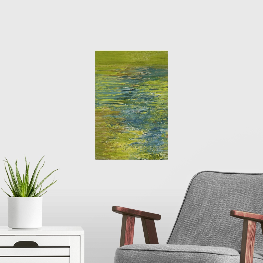 A modern room featuring Abstract painting in blue and green resembling ripples on water.