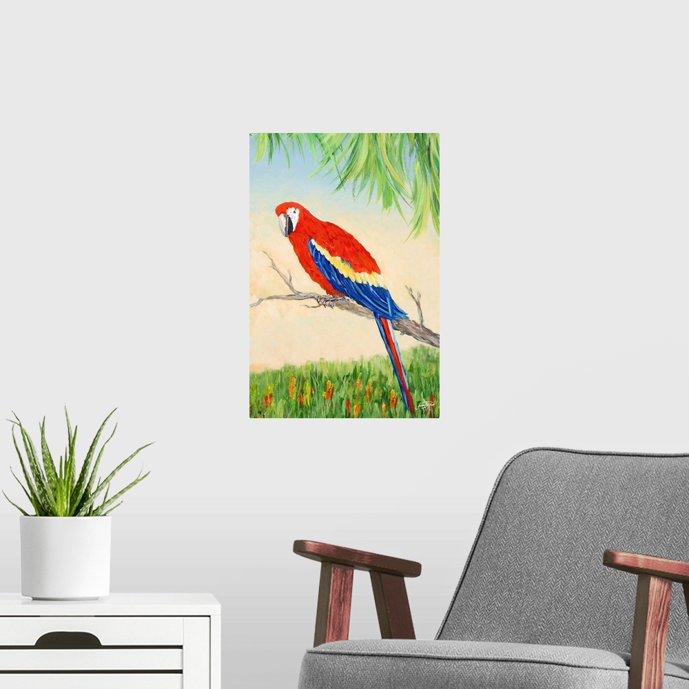 A modern room featuring Painting of a Scarlet Macaw on a branch in a tropical scene.