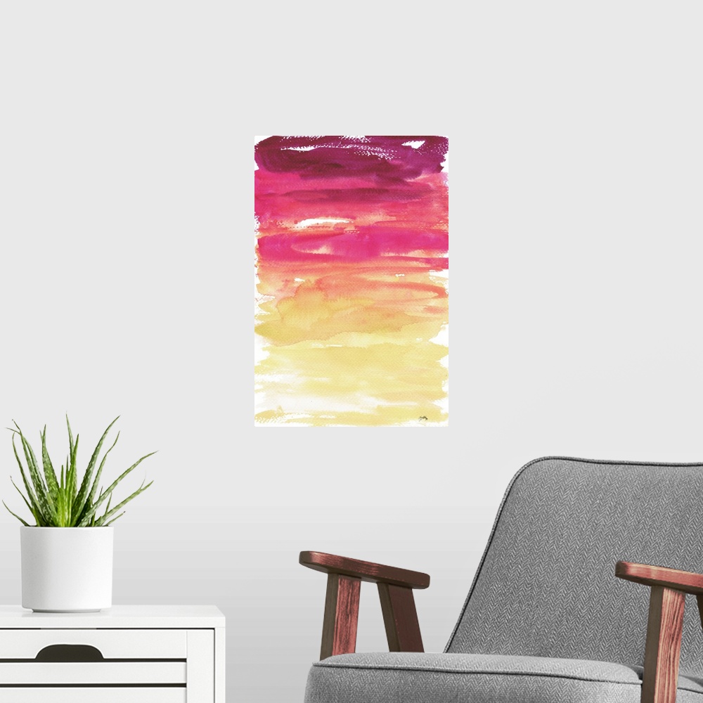 A modern room featuring Pink to yellow gradient watercolor painting.
