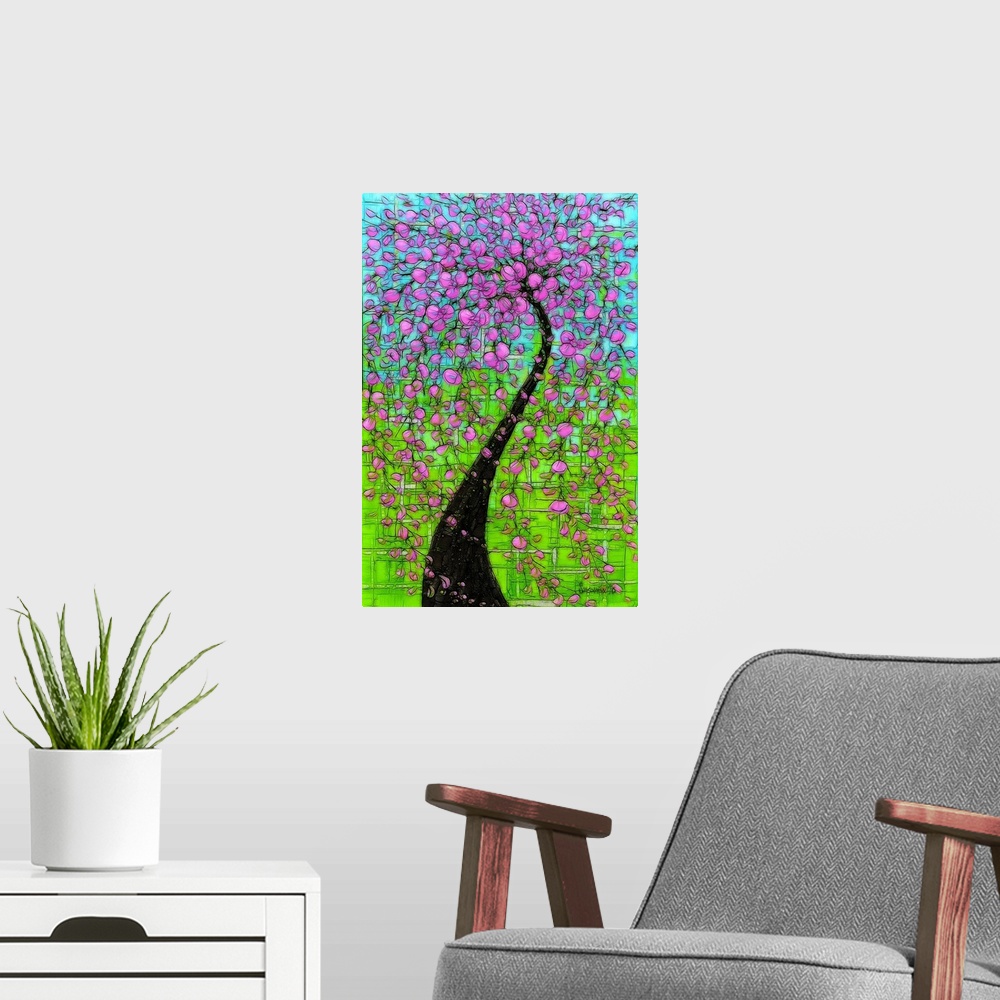 A modern room featuring Digital illustration of a large blossoming tree with bright pink flowers on a light blue and gree...