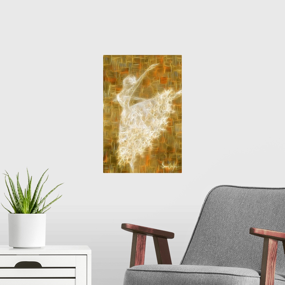 A modern room featuring Large digital illustration of a ballerina created with thin, woven lines on a gold and orange bac...