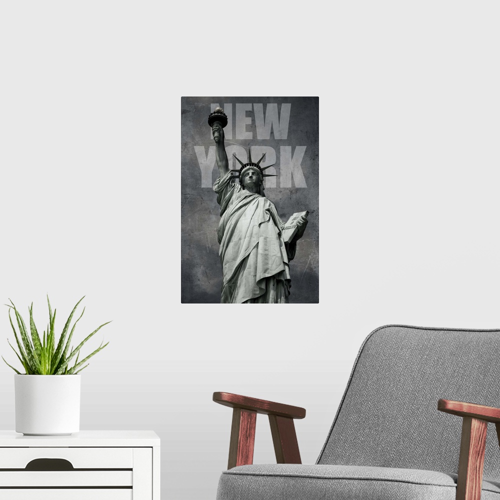 A modern room featuring Contemporary artwork of the Statue of Liberty on a dark stressed looking background.