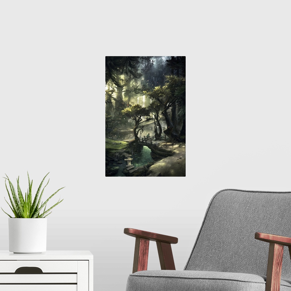 A modern room featuring Painting of young girl on bridge in stylized forest landscape.
