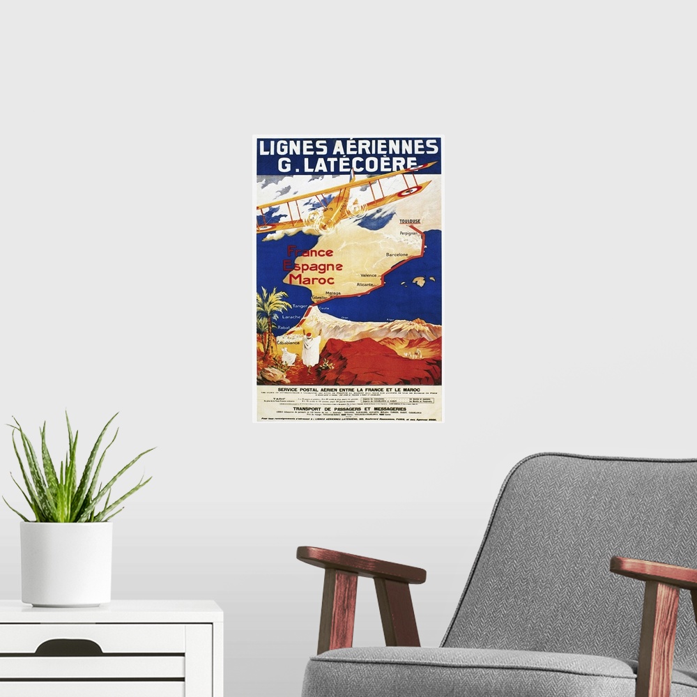 A modern room featuring A poster for the French airline Lat?co?re, promoting its air mail and passenger service to Spain ...