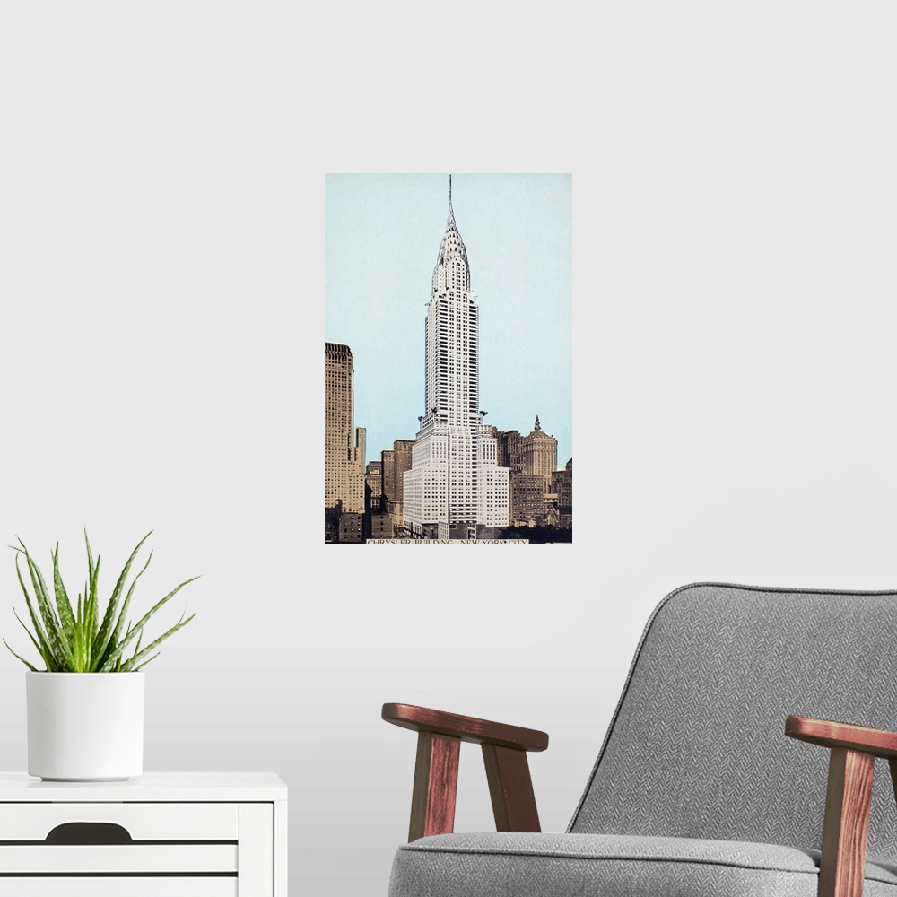 A modern room featuring The Chrysler building on 42nd Street and Lexington Avenue in New York. American postcard, early 1...