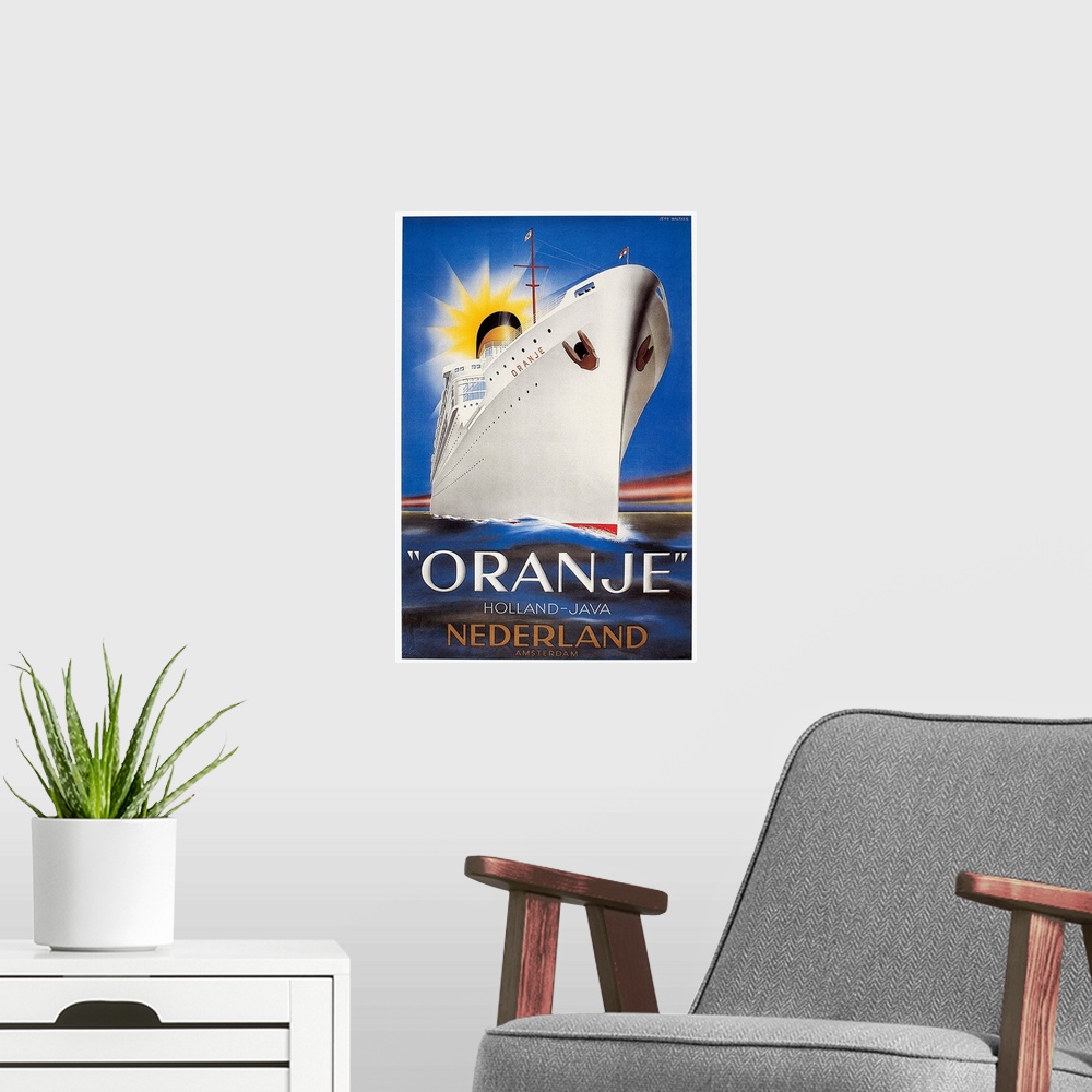 A modern room featuring Poster by Jean Walther, 1939, for the Dutch liner 'Oranje,' launched, just before World War II, f...