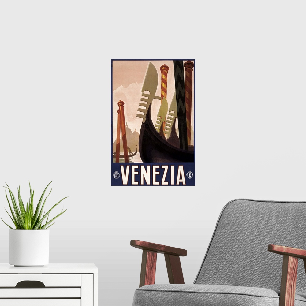 A modern room featuring Poster promoting travel to Venice, Italy, from the 1920s.
