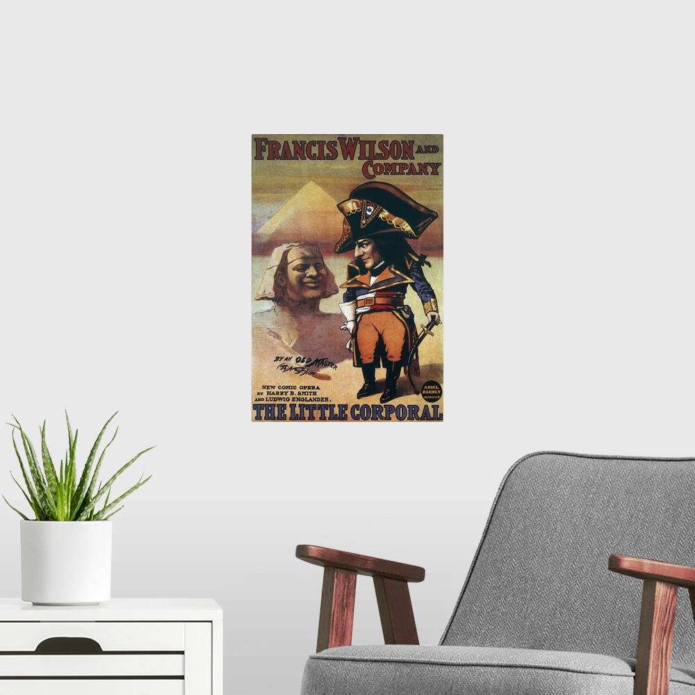 A modern room featuring American theatrical poster for 'The Little Corporal,' 1898, with artwork by Thomas Nast.
