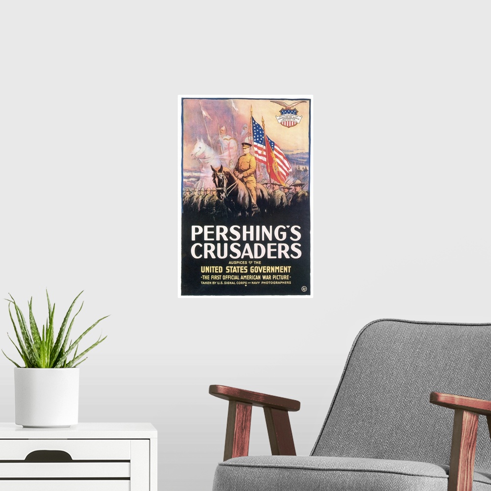 A modern room featuring Poster for 'Pershing's Crusaders,' a documentary film on U.S. troops in France during World War I...