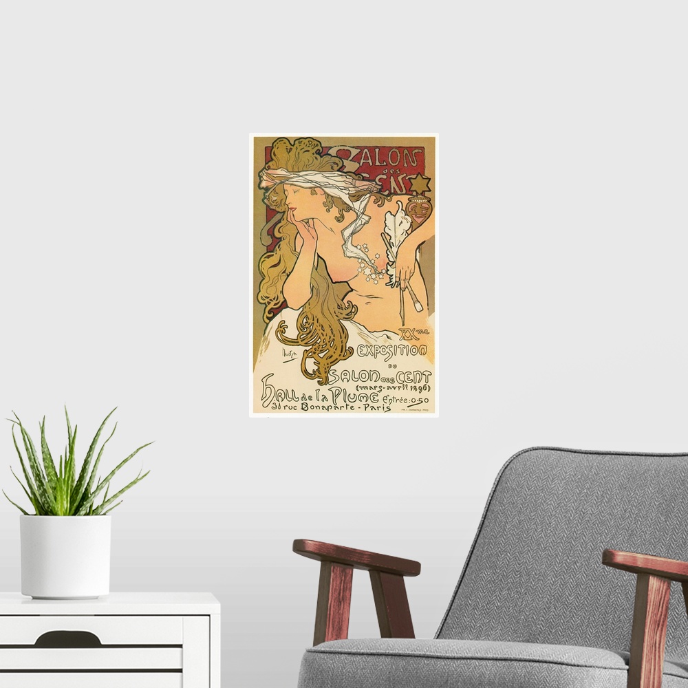A modern room featuring Poster for the 20th exhibition at the Salon des Cent in Paris, France. Lithograph by Alfons Maria...