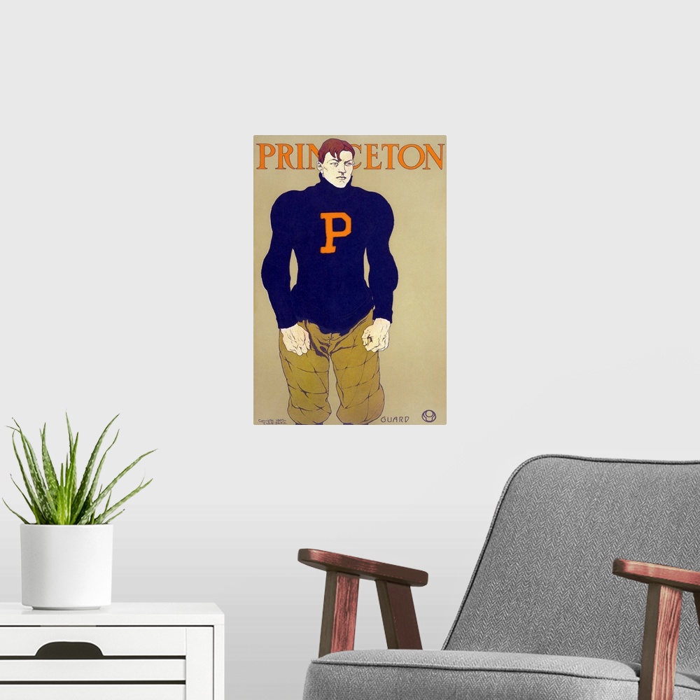 A modern room featuring Poster for the Princeton University football team. Chromolithograph by Edward Penfield, c1907.