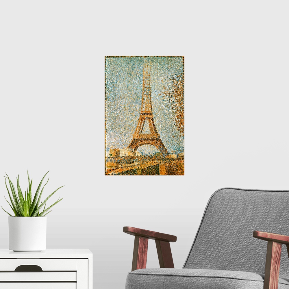 A modern room featuring Georges Seurat: The Eiffel Tower. Oil on panel, 1889.