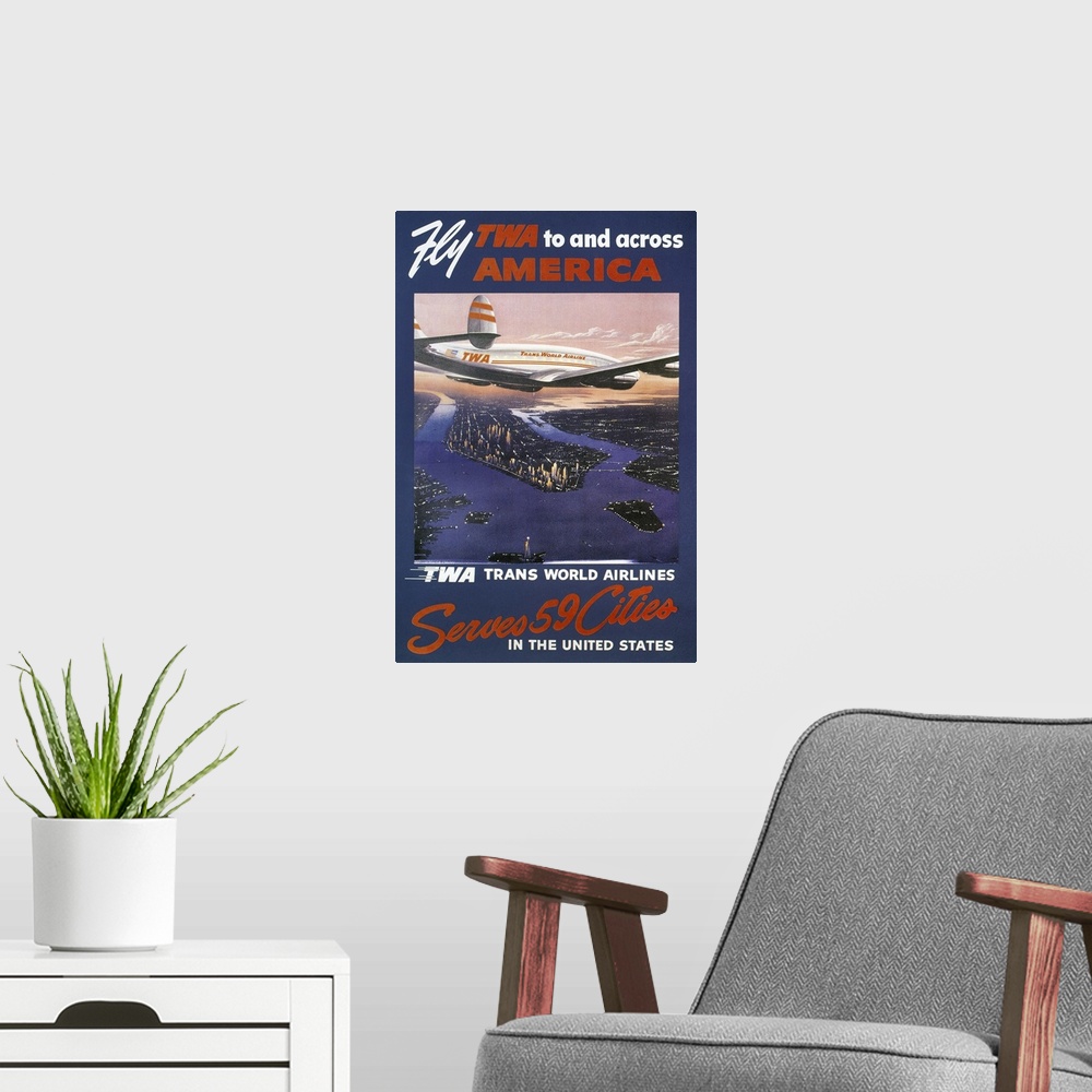 A modern room featuring A 1950s Trans-World Airlines poster showing a TWA Lockheed Constellation over Manhattan.