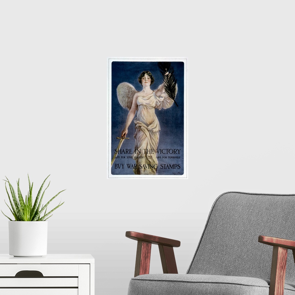 A modern room featuring 'Share in victory. Buy War Saving Stamps.' American World War I War Savings Stamp poster.