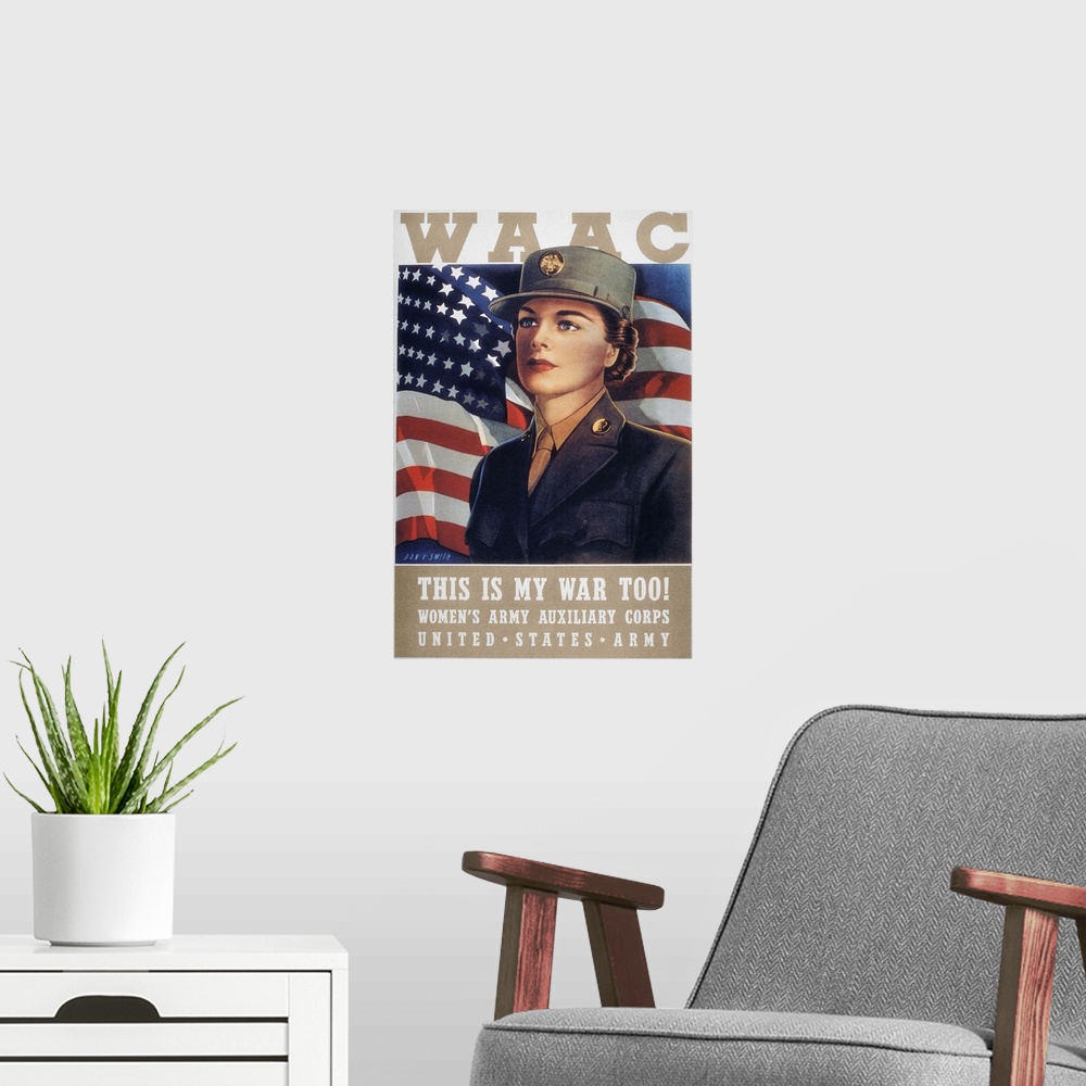 A modern room featuring This Is My War Too!: American World War II recruiting poster, c1942, for the U.S. Army's Women's ...