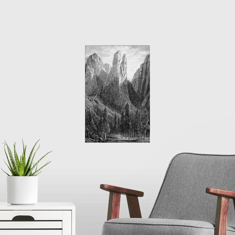 A modern room featuring Yosemite, Cathedral Spires. Cathedral Spires Rock Formation In the Yosemite Valley. Wood Engravin...