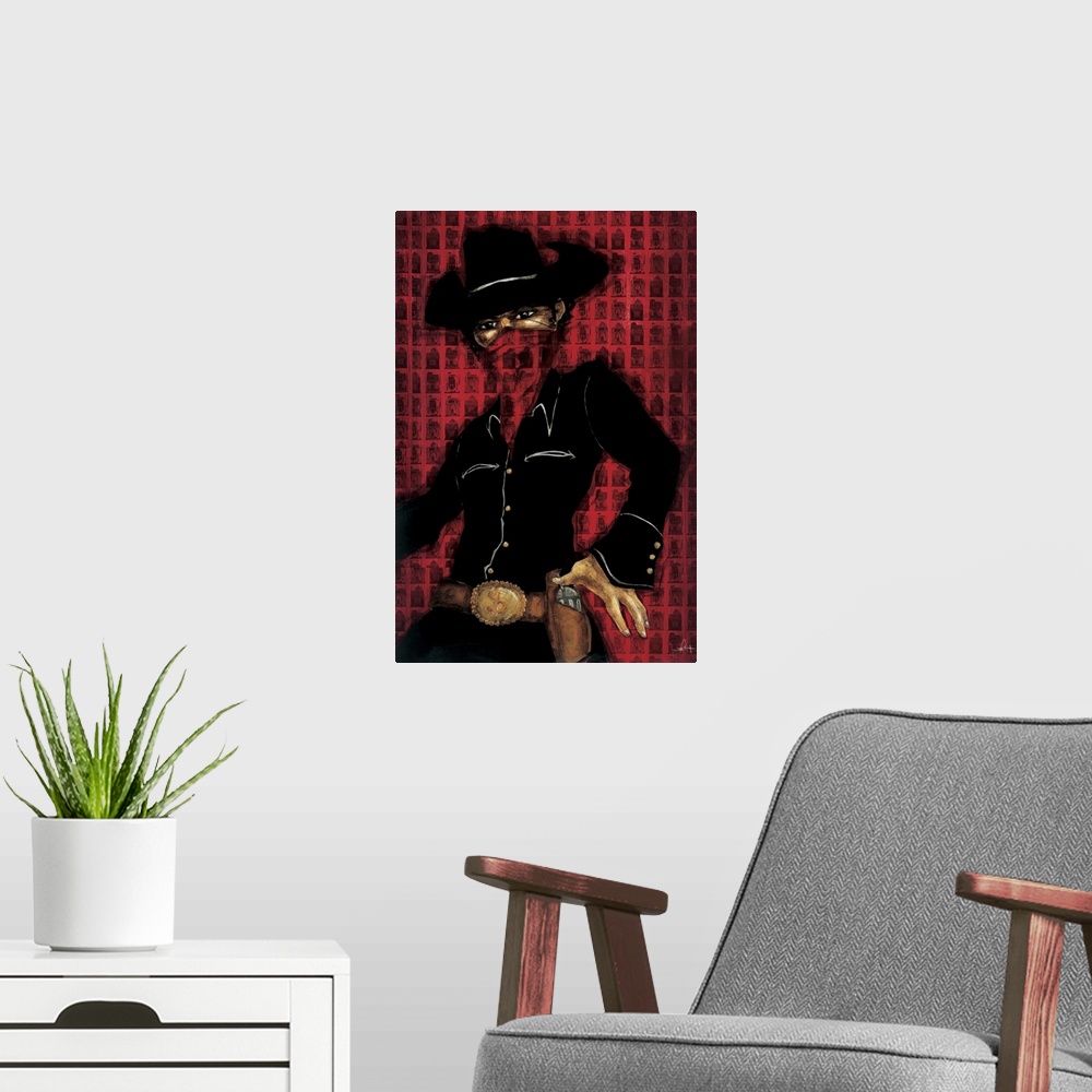 A modern room featuring A painting of a bandit wearing all black and red kerchief on his face.