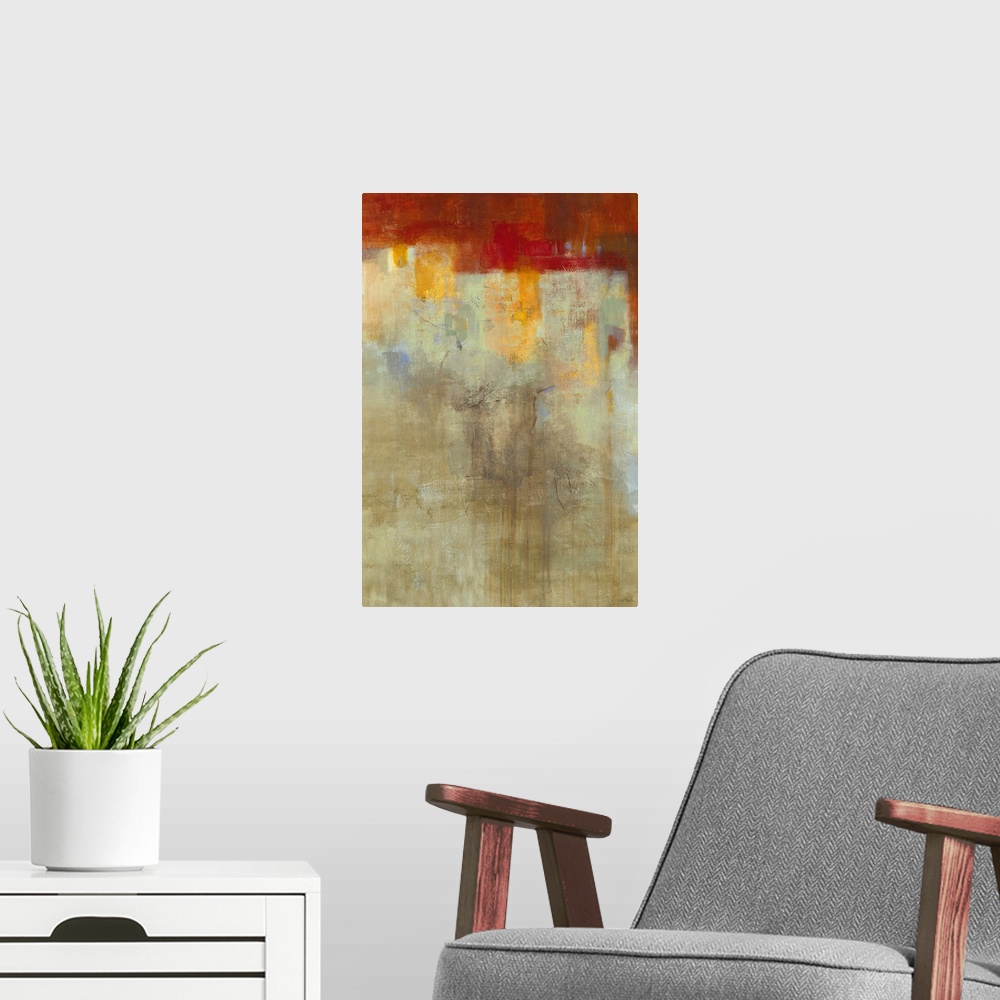 A modern room featuring A contemporary distressed abstract painting using earthy tones.