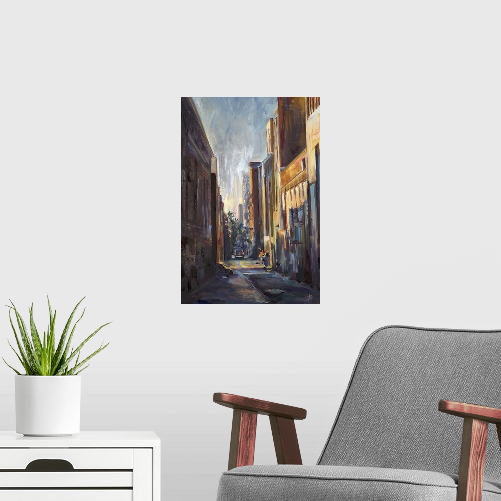 A modern room featuring Contemporary painting looking through a corridor of an urban block.