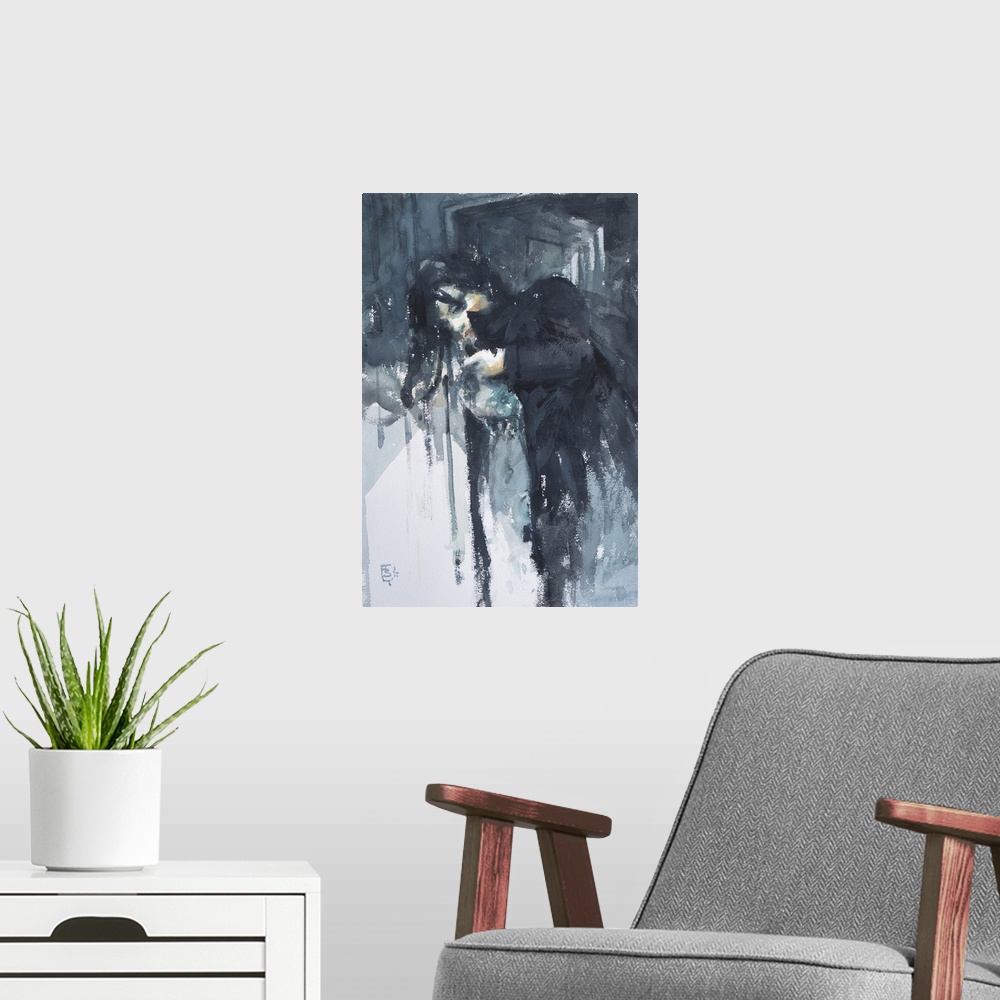 A modern room featuring Inspired by Jim Jarmusch's film, Stranger than Paradise, this contemporary artwork uses moody blu...