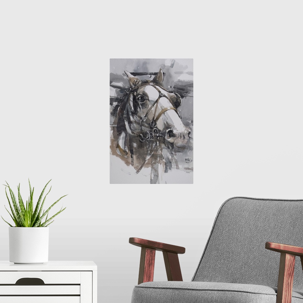 A modern room featuring This pensive artwork features earthy tones and exhibits movement with energetic brush strokes.